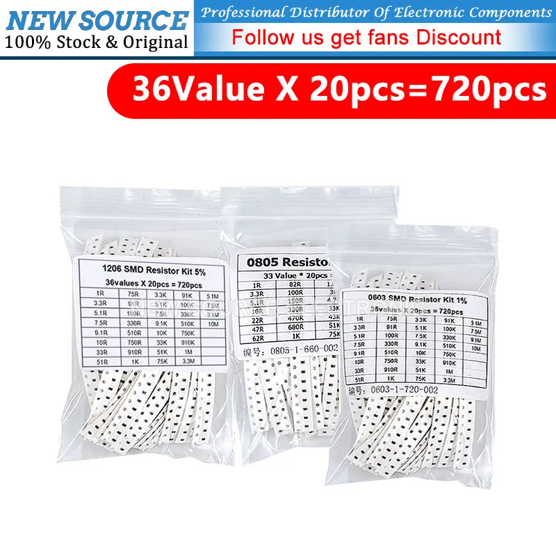 720 sztuk (wartość 36X20 sztuk) 0603 0805 1206 SMD zestaw rezystorów 1/4W 0.25W 5% 1 Ohm ~ 10M komponent Diy 10R 3.3 330 910 1M 5.1R