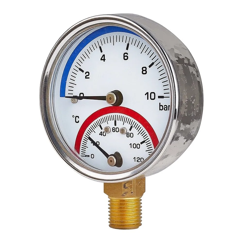 Brass Connected Dual Parameter Gauge 0-10 Bar 0-120 C Radial Style for Home Heating and Industrial Fluid Systems