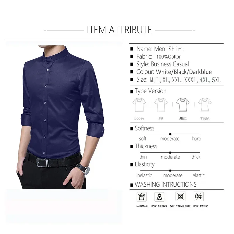 TFETTERS-Camisa de algodão de manga comprida masculina com gola, camisa slim fit, monocromática, roupas plus size, 5XL, 5XL, outono, casual