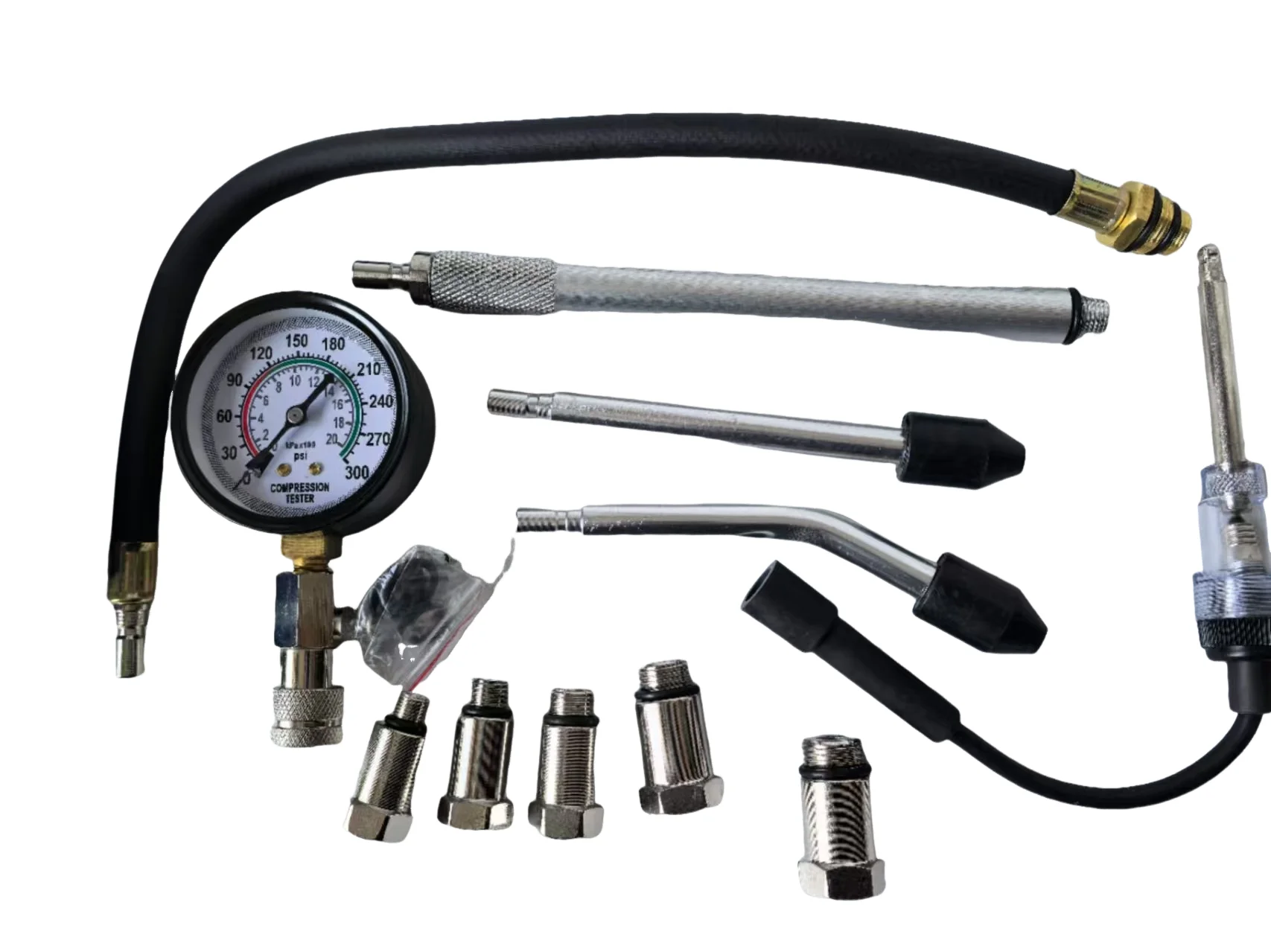 9-piece fuel pressure gauge kit with detector, gasoline engine cylinder leakage tester and automobile fuel pressure test kit.
