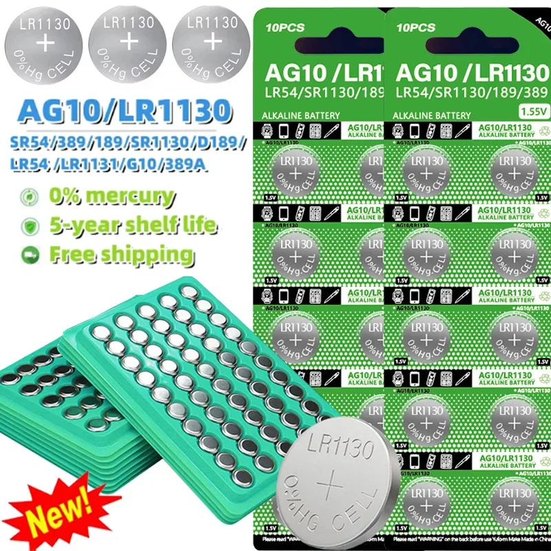 New 1.55V AG10 LR1130 SR54 389 189 SR1130 D189 LR54 Button Batteries G10A SR1130SW Cell Coin Watch Toys Remote Battery