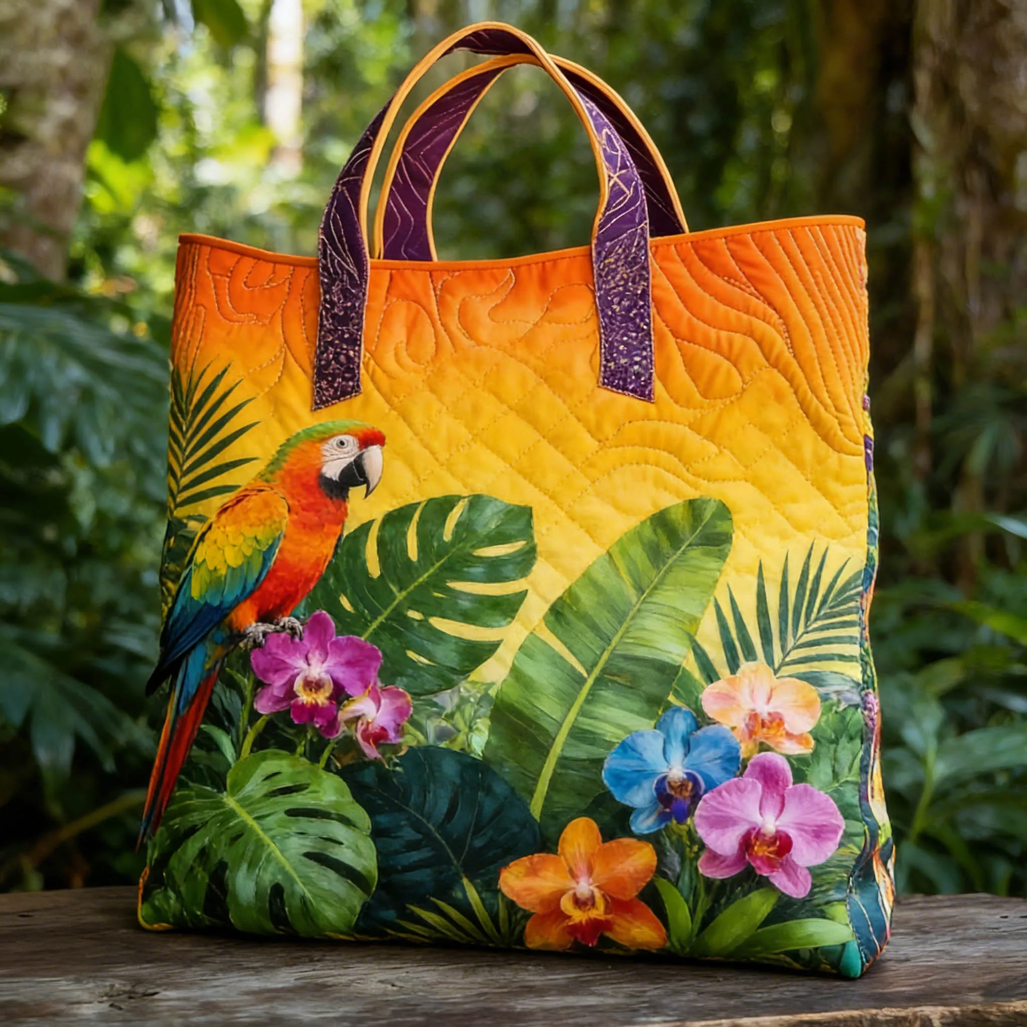 Tropical Parrot Jungle Floral Print Quilted Tote Bag Summer Beach Vacation Women Men Handbag for Travel Holiday Daily Use