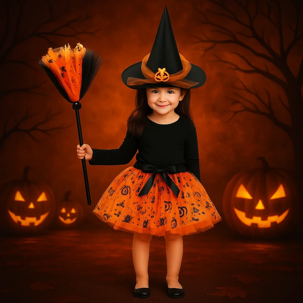 

3Pcs/set Wizard Childern Halloween Costumes Broom Pointy Hat Kids Witch Dress Set Costume Cosplay Props Bright Color
