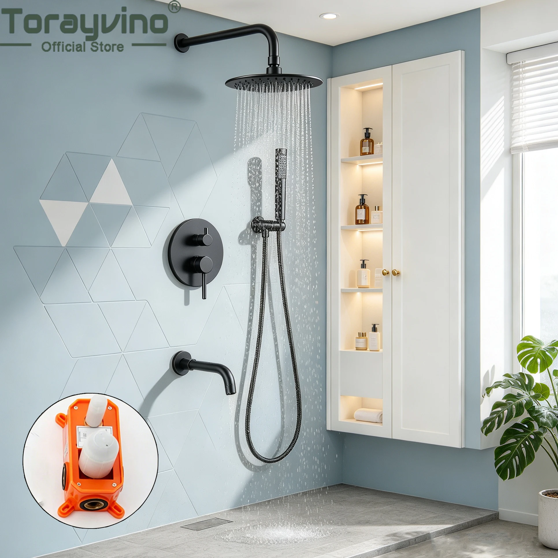 Torayvino Luxury Black Bathroom Shower Faucet Set With Rain Shower Head Outdoor Shower System Set Complete Bathtub Kit Mixer Tap