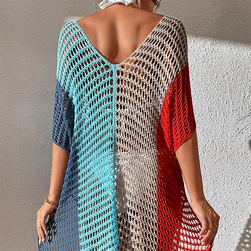 Gestrickte Kontrast Quaste Bikini Sommer Strand Cover Up Sexy Aushöhlen Frauen V-ausschnitt Lose Bademode Sonnenschutz Kittel