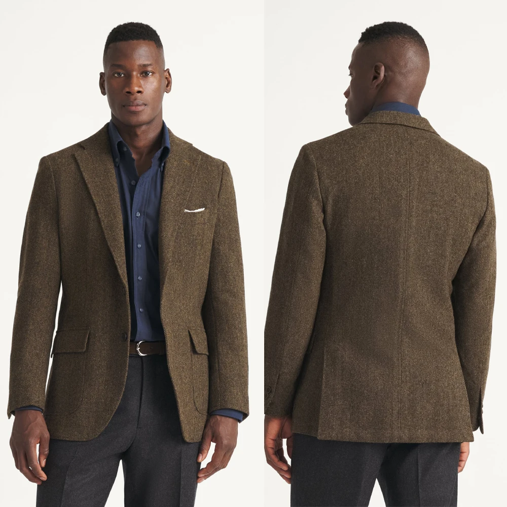 Classic Olive Green Tweed Blazer with Notch Lapel and White Pocket Square Men Autumn Vintage Suit Jacket Customized M266028