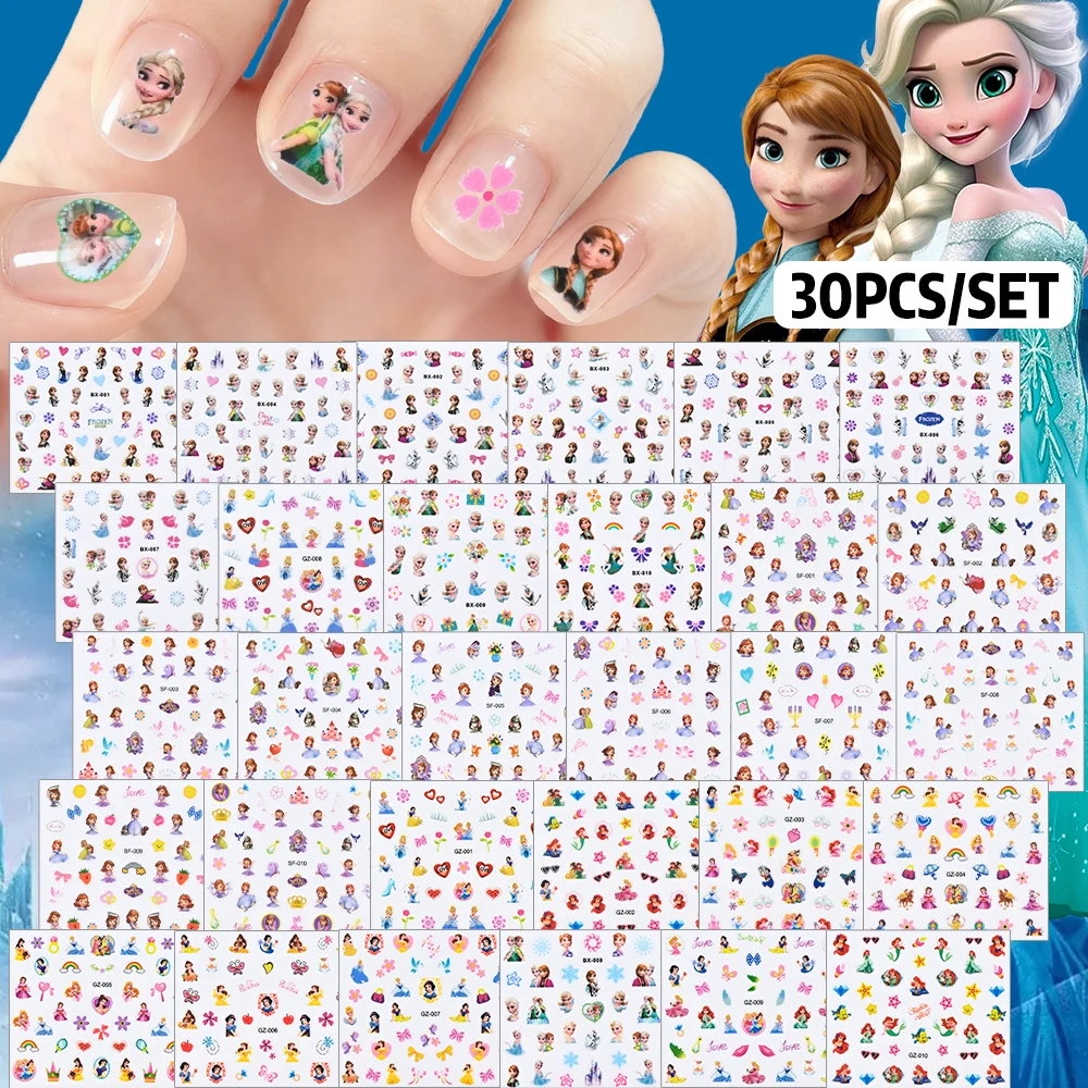 Autocollants pour ongles princesse Disney, 30 pièces, Design blanc neige la reine des neiges, décalcomanies pour ongles, personnage de dessin animé Kawaii, décoration pour Nail Art, DIY bricolage