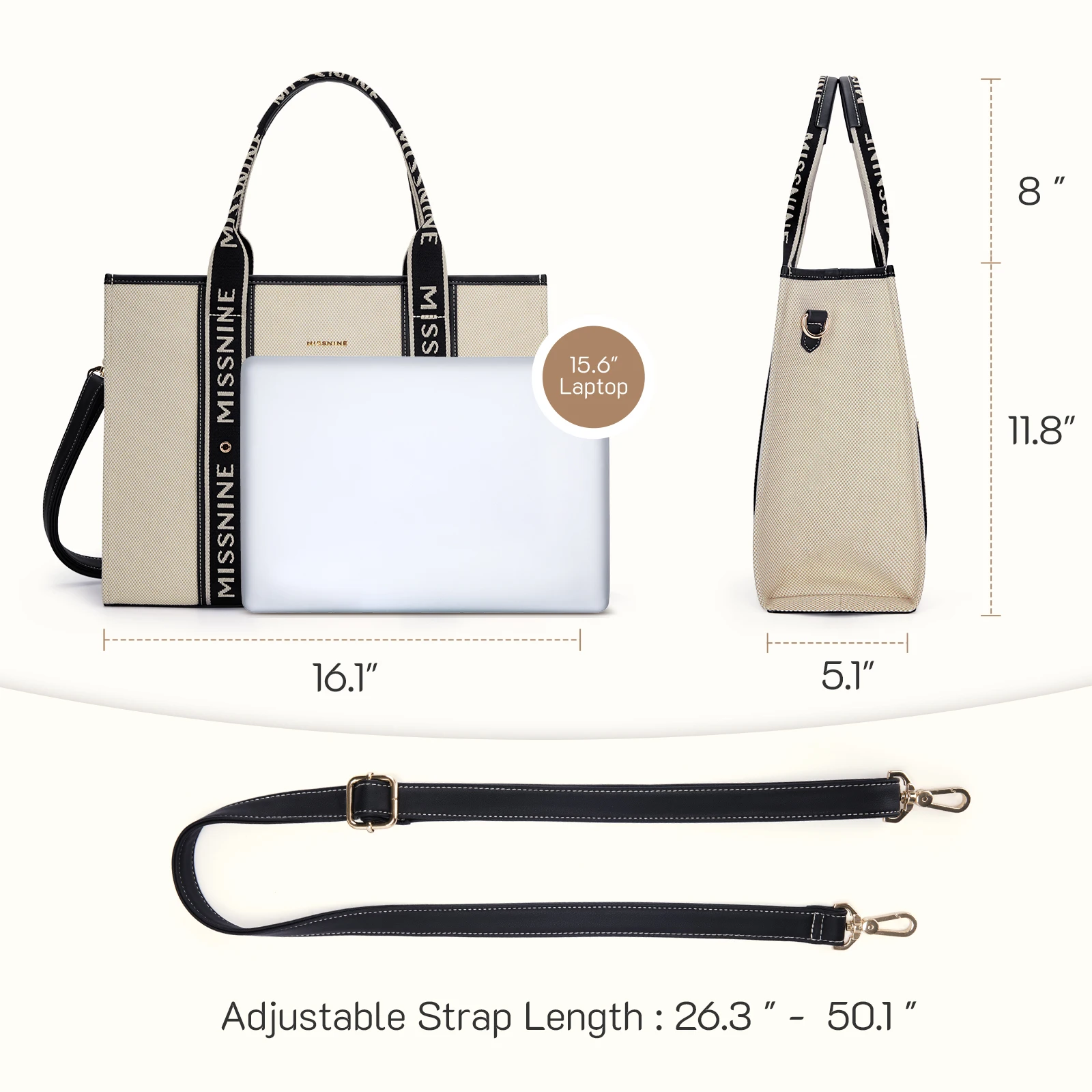 Missnine-Bolso para portátil de 15,6 pulgadas para mujer, maletín de gran capacidad, adecuado para oficina, escuela, viaje, bolso de hombro a la moda