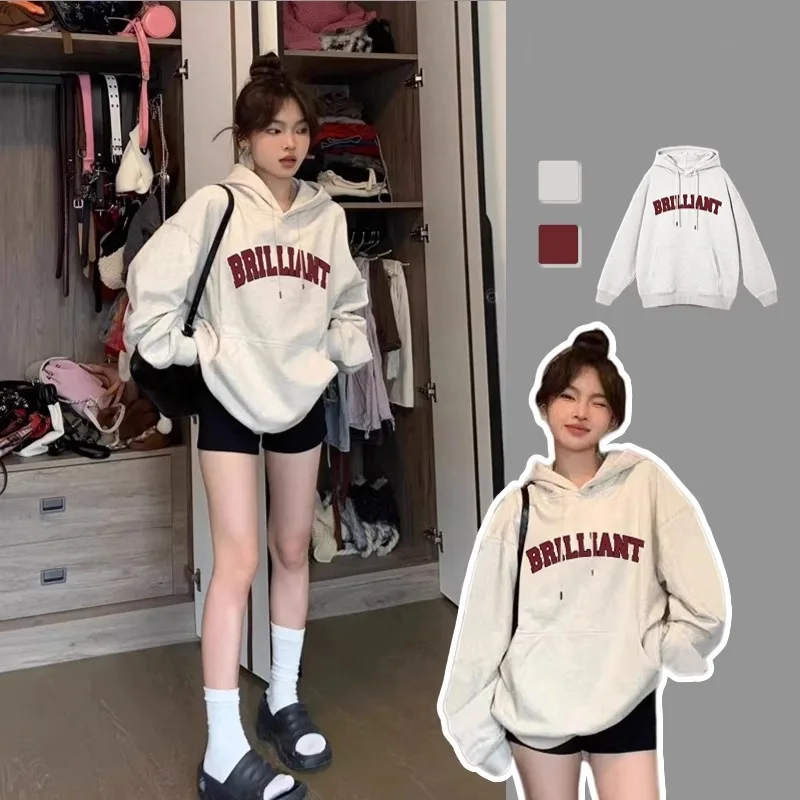 Suéter de lana para mujer, abrigo Retro americano con capucha, pequeño, holgado, coreano, viento perezoso, novedad de Otoño de 2025