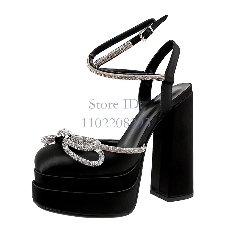 Crystal Butterfly-knot Sandals Solid Platform Round Toe Back Buckle Strap Chunky High Heels 2025 Women Fashion New Shows Shoes