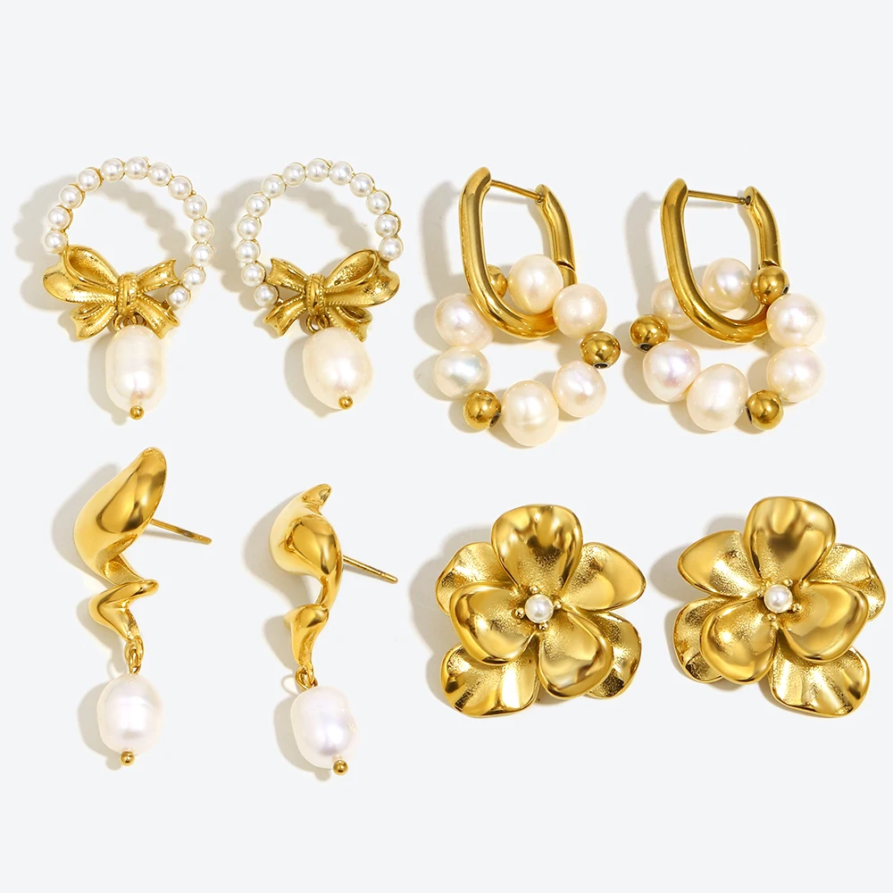 E.B.belle Flower Bowknot U-shaped Imitation Pearl Series Earrings Jewelry Stainless Steel 18k Gold Plated For Elegant Women Gift