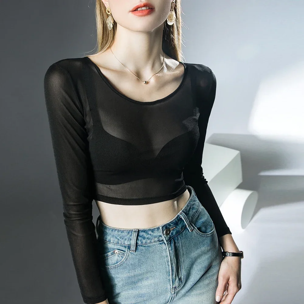 Stretch Mesh Tees Transparent T Shirts Women Sexy High Street Blouses Ladies Long Sleeved O-neck Half Length Shirts Top Clothes