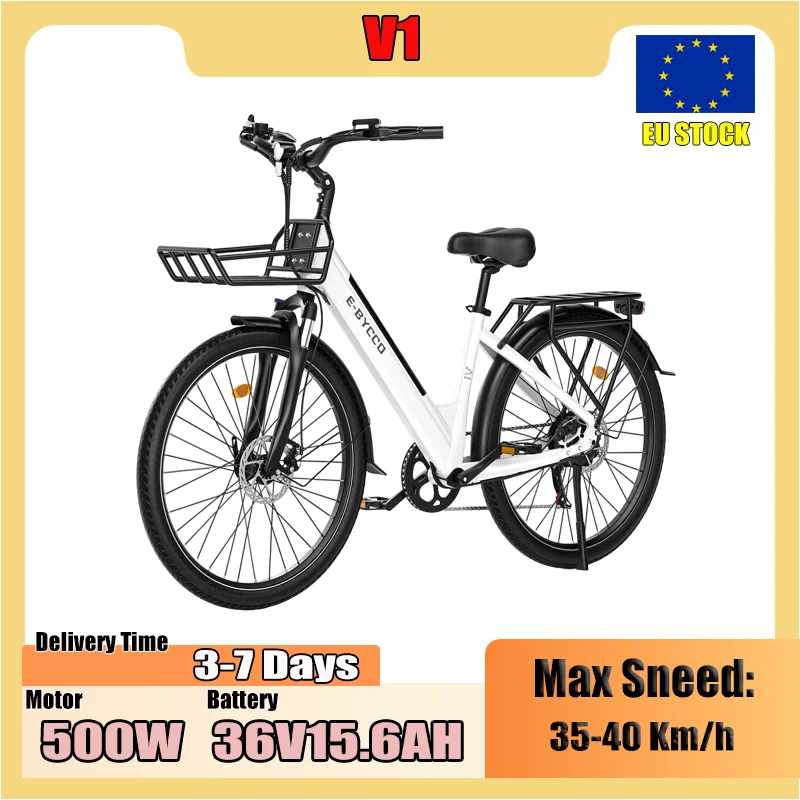 E-BYCCO V1 Bicicletta Elettrica con Motore Brushless 500W, Batteria al Litio 36V15.6AH, Freni a Disco Meccanici, Pneumatici da 28 Pollici