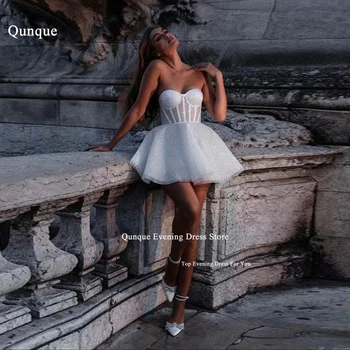 Qunque Glitzerndes kurzes Hochzeitskleid, Tüll, herzförmig, A-Linie, Brautkleider über dem Knie, langes, elegantes, individuelles Partykleid für Damen