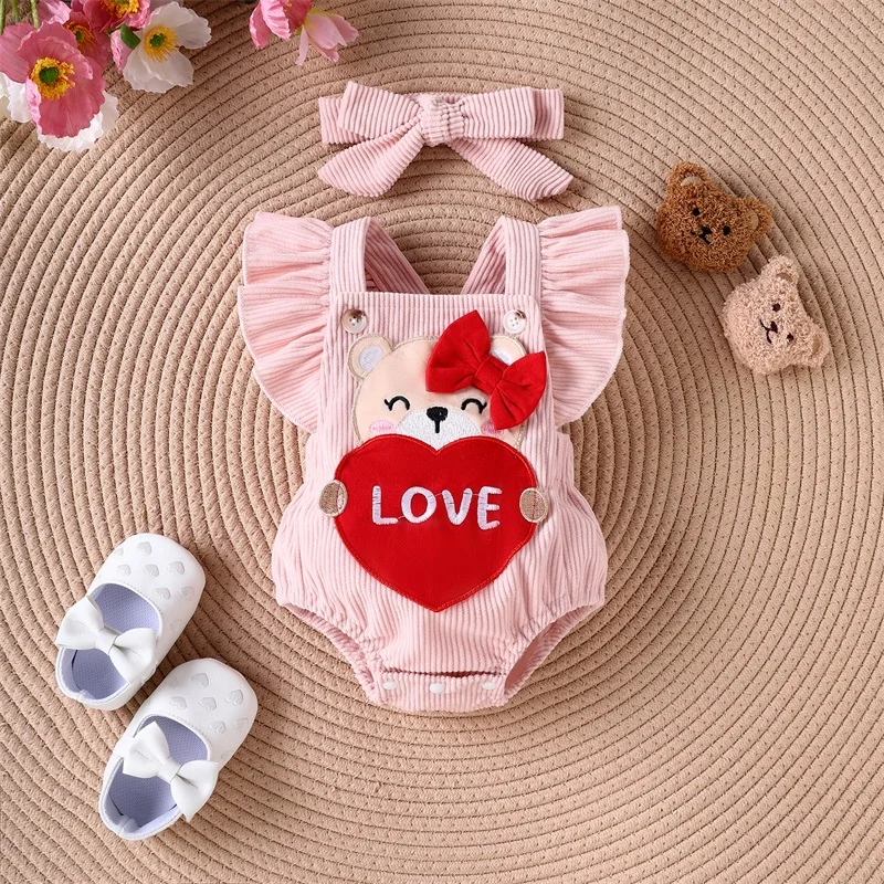 0-18M Newborn Girl Outfit Fly Sleeve Cartoon Bear Heart Romper with Hairband Valentine’s Day Clothes