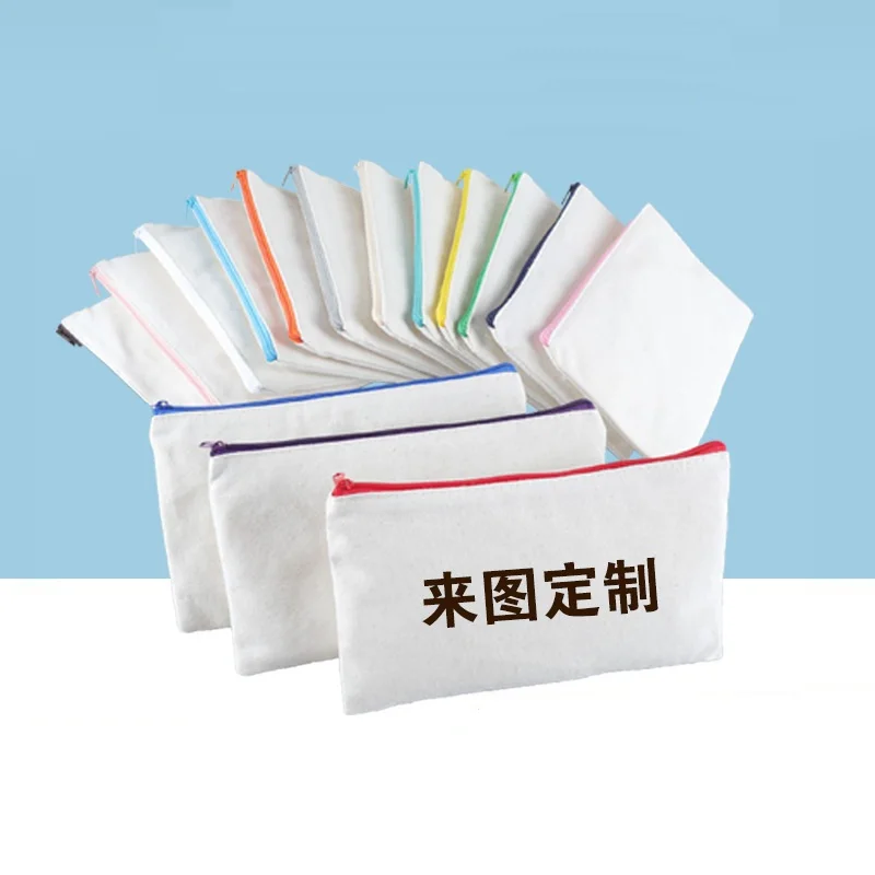 

200Pcs Blank Canvas Zipper Bag Zipper Cotton Cloth Pencil Case Student Stationery Bag Women's Storage Makeup Bag Can Custom Logo