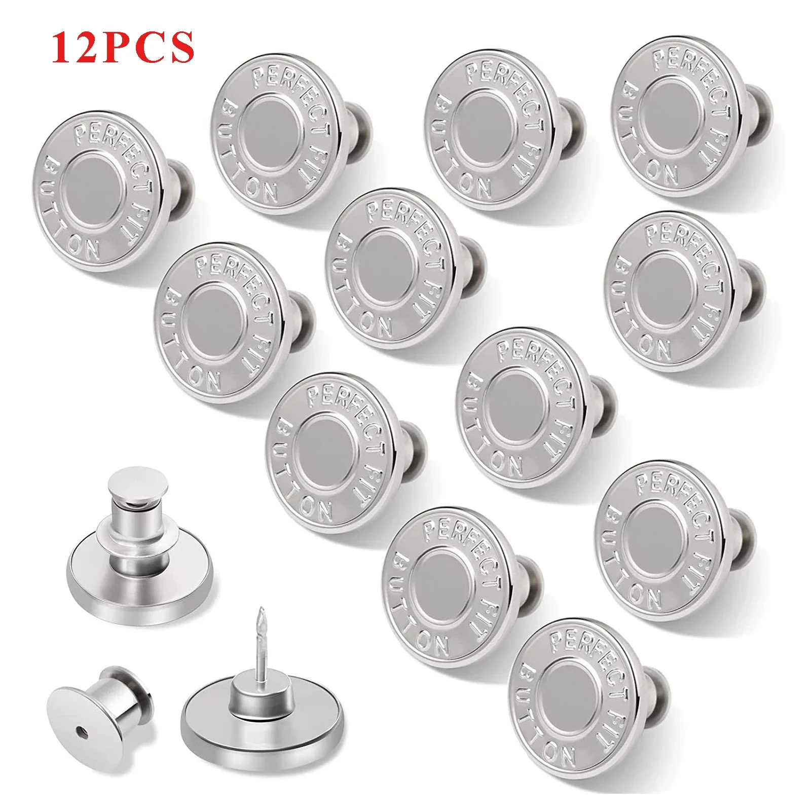 12 Sets Jean Buttons Pins No Sew for Loose Jeans Pants Tightener Adjustable Buttons Replacement for Too Big Snap Tack