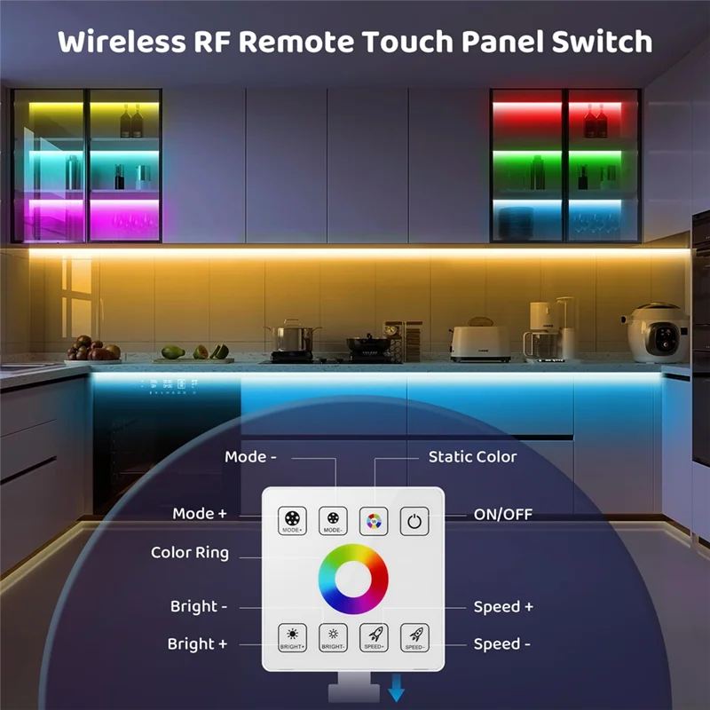 

A16Q-RF Комплект контроллера светодиодов RGB с сенсорной панелью, контроллер светодиодных лент RGB с беспроводным радиочастотным пультом дистанционного управления, для 5 В, 12 В, 24 В, 4-контактный разъем
