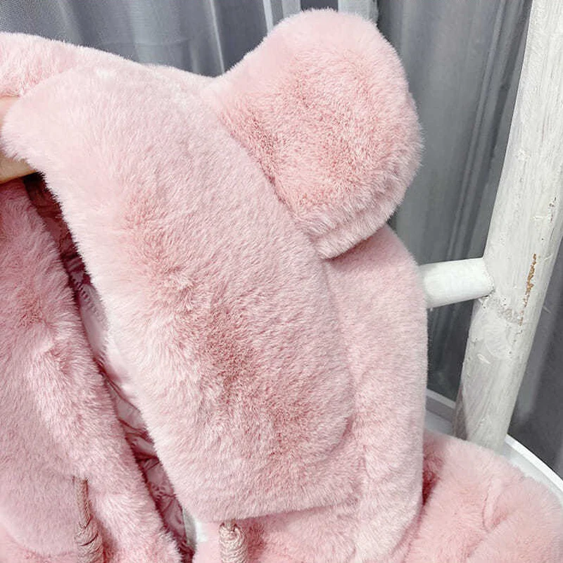 Cute Big Ear Plush Baby Jacket New Autumn Winter Warm Faux Fur Coats For Girls Hooded Snow Coat Soft Children Ouertwear Clothing