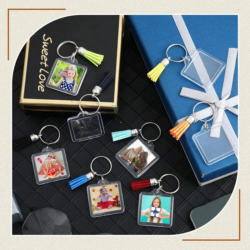 Chaveiro com moldura de foto acrílica com borlas, chaveiro com inserção de foto, porta-chaves com moldura transparente em branco para faça você mesmo