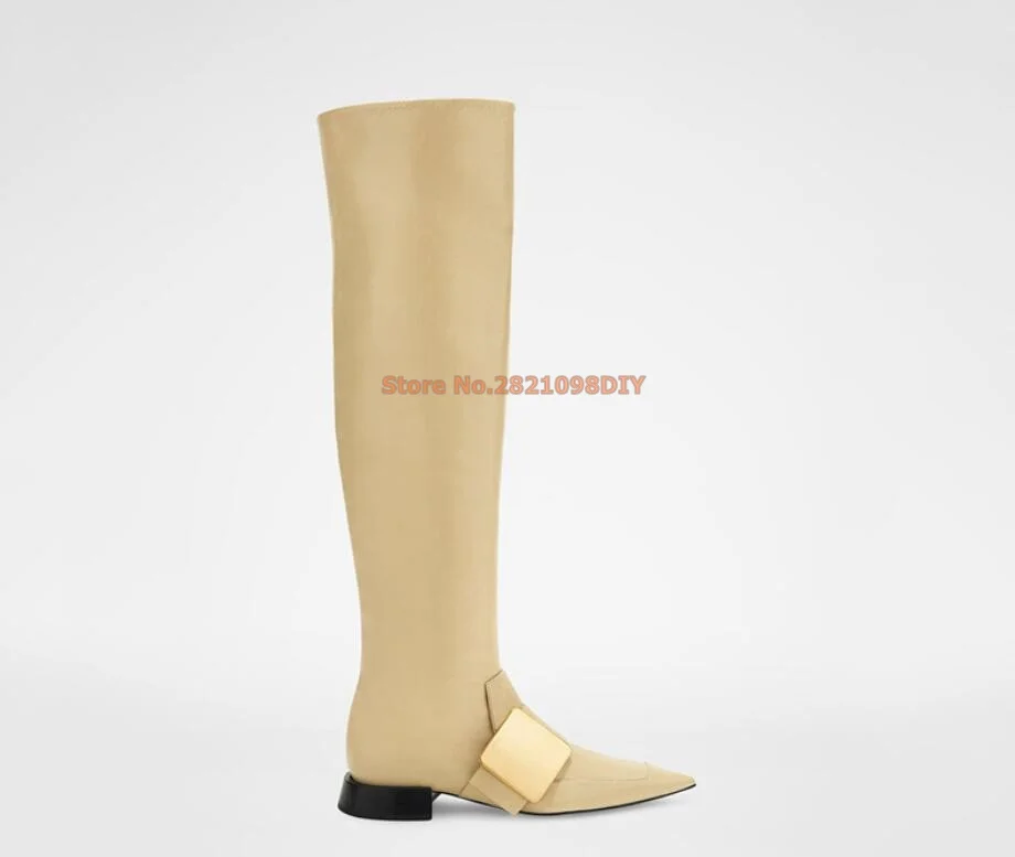

20Mm Heeled Gold Colored Metal Buckle Pointed Toe. Leather Lining Knee High Women Winter Long Boots Plus Size 35-45
