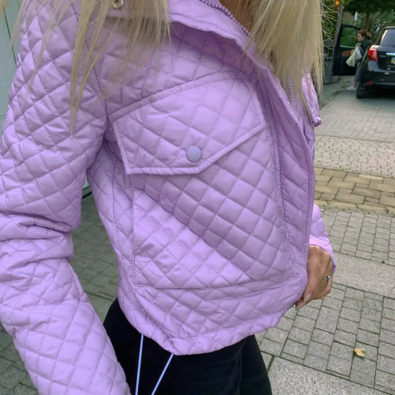 Women's Purple Short Cotton Jacket 2023 Women's Fall/Winter Slim Zipper Pocket Press Line Plaid Jacket Women's White Fashion