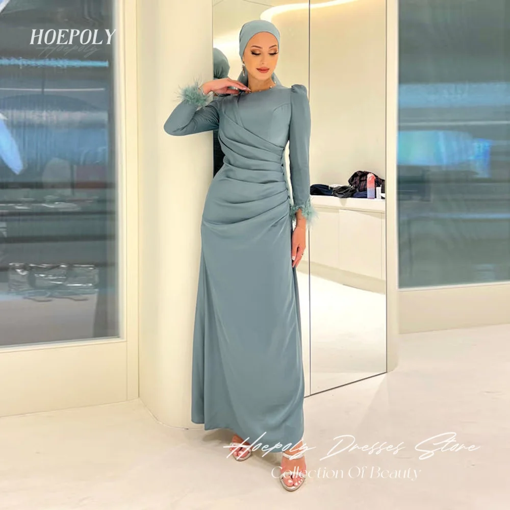 

Hoepoly Simple Satin Muslim Arabic Women Evening Party Dresses O Neck Ankle Length Feathers Prom Gowns فساتين للحفلات الراقصة