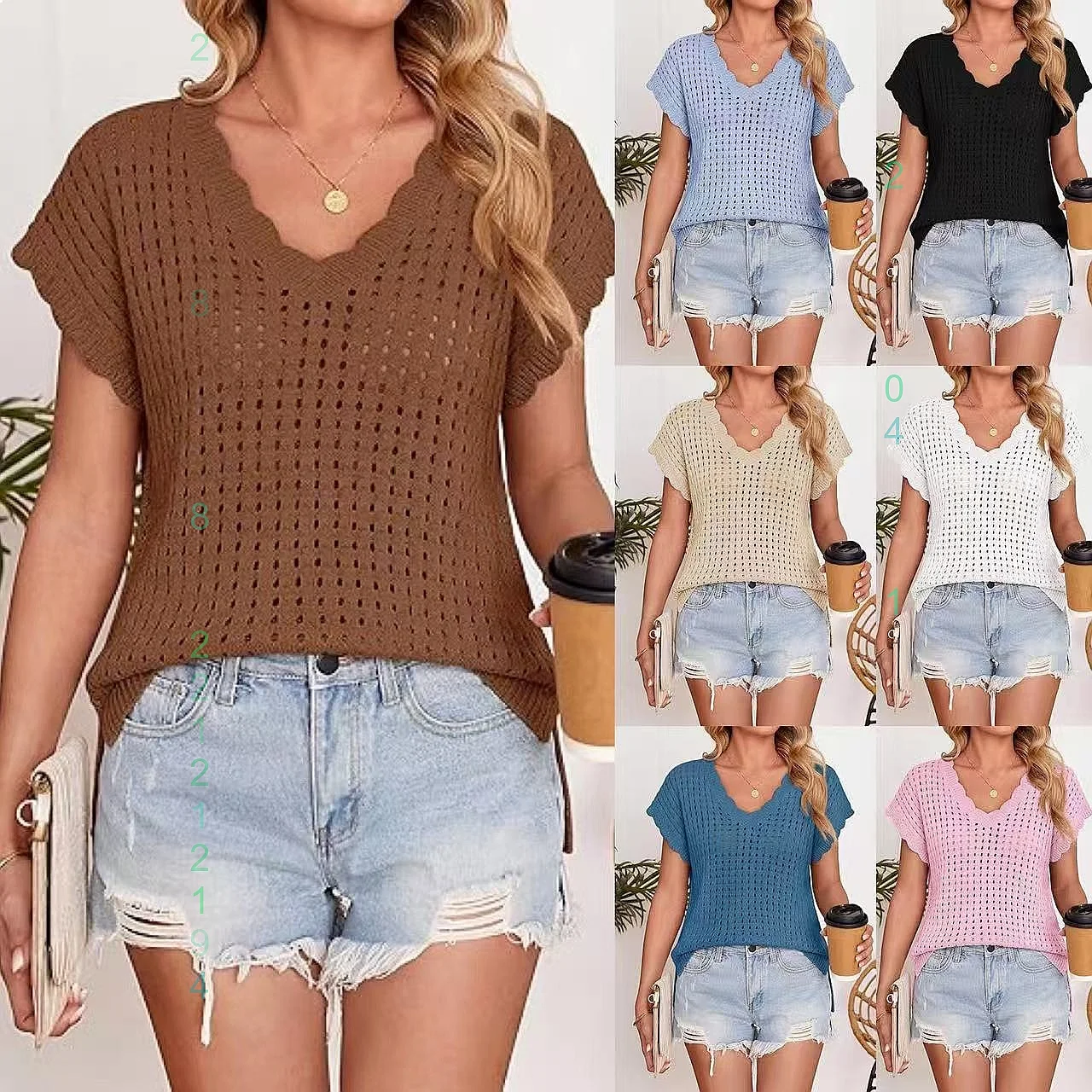 

Women V Neck Knit Sweater Summer Loose Knitwear Pullover Tee Tops Blouse