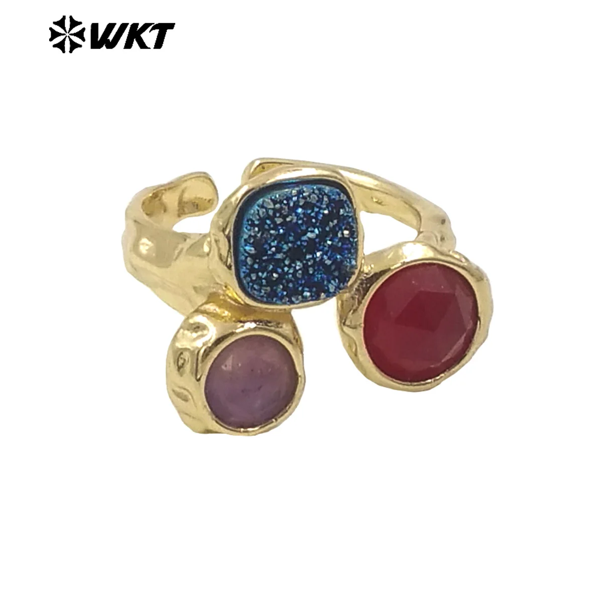 WT-R521 Hot Selling Unique ring Natural Colored Druzy Quartz Three Stone Design Exquisite Adjustable Ring Ladies Everyday Acc