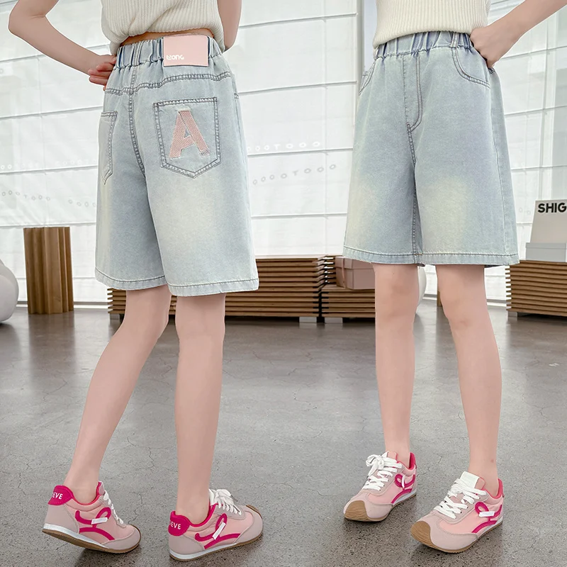 

Elegant Kids Summer Blue Denim Shorts with Letter on Pocket for Girls Casual Knee Length Jeans Capris Pants 5 7 9 11 13 14 Y
