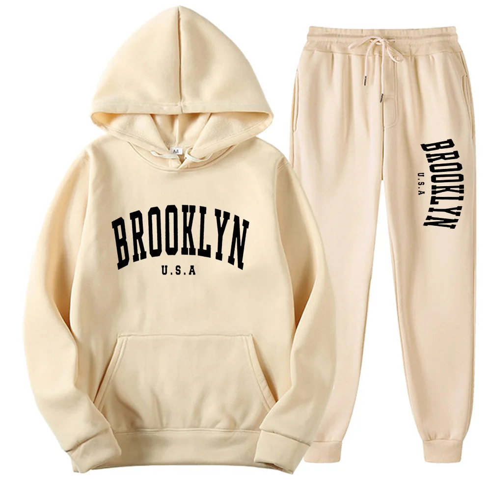 BROOKLYN USA Autumn Winter Popular Mens Tracksuit Zipper Hooded Sweatshirt Suit Casual Warm Jacket Coat+Jogging Sweatpants