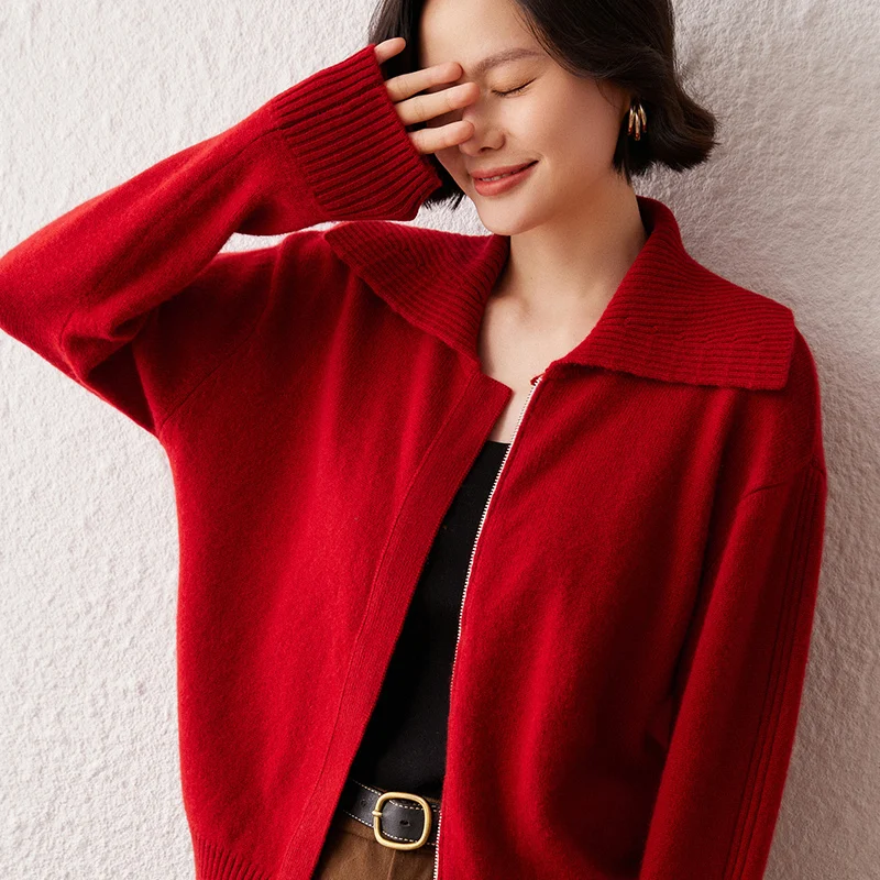 เสื้อคาร์ดิแกนแคชเมียร์แท้ 100% พร้อมปกพับสำหรับผู้หญิง เสื้อคาร์ดิแกนแบบมีซิป เสื้อโค้ททรงหลวม กระชับสัดส่วน หนา อุ่น