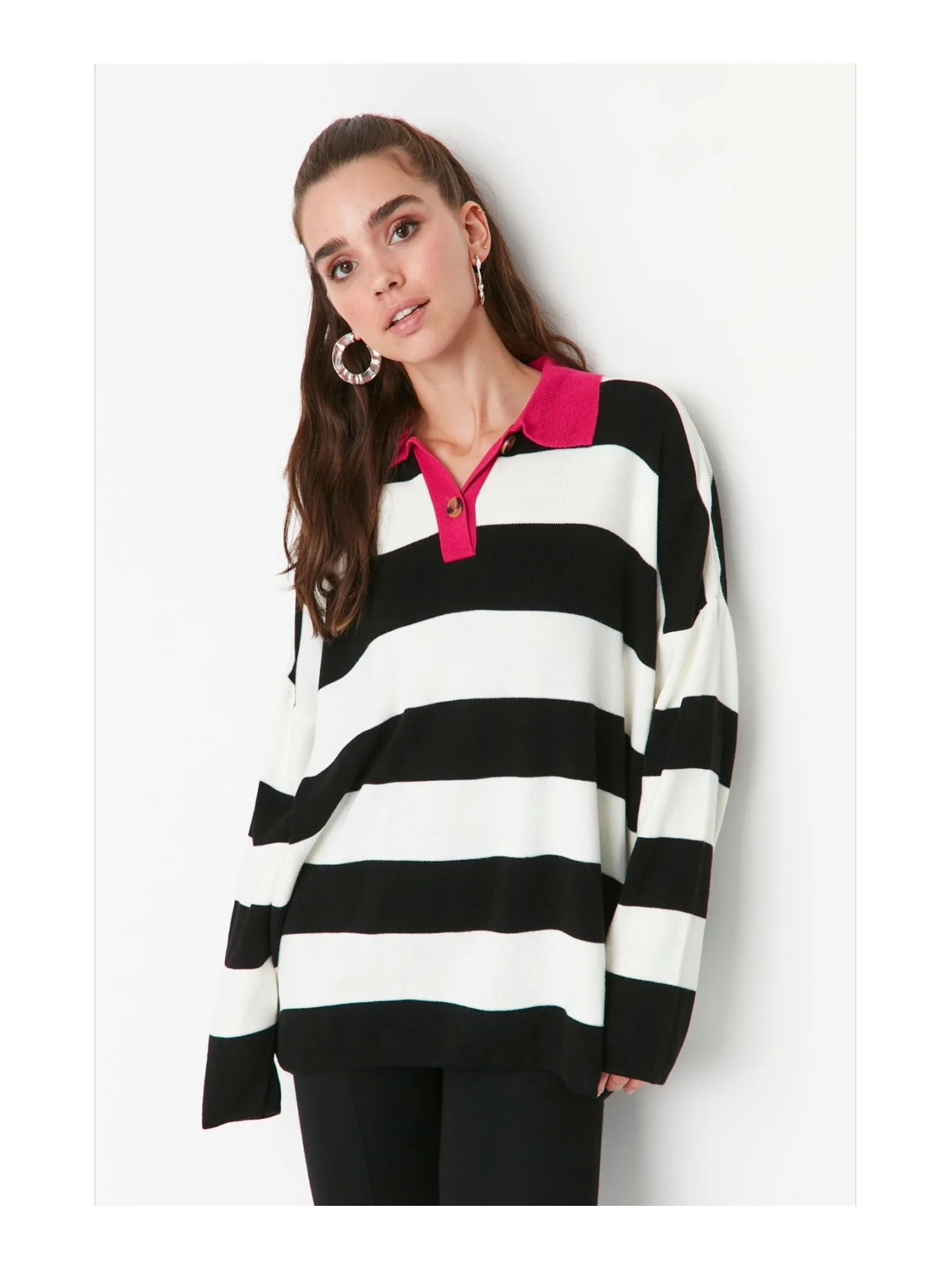 Trendyol TYZA Women's Pullovers Polo Neck Casual Relaxed Fit Striped Off-Shoulder Knitwear Sweaters&Jumpers Casual Tops