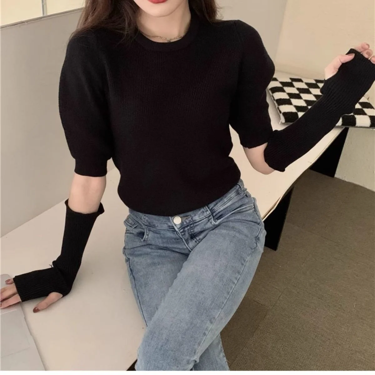 

Detachable Sleeve Knitted Sweater Women With Neck Summer U-Neck Hollow-Out Vertical Stripe Halter Transparent Outings Ulzzang OL
