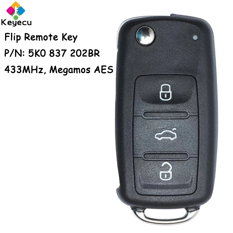 

KEYECU KYDZ Flip Remote Control Car Key With 3 Buttons 433MHz MEGAMOS AES Chip for Volkswagen MQB Fob 5K0837202BR 5K0 837 202 BR