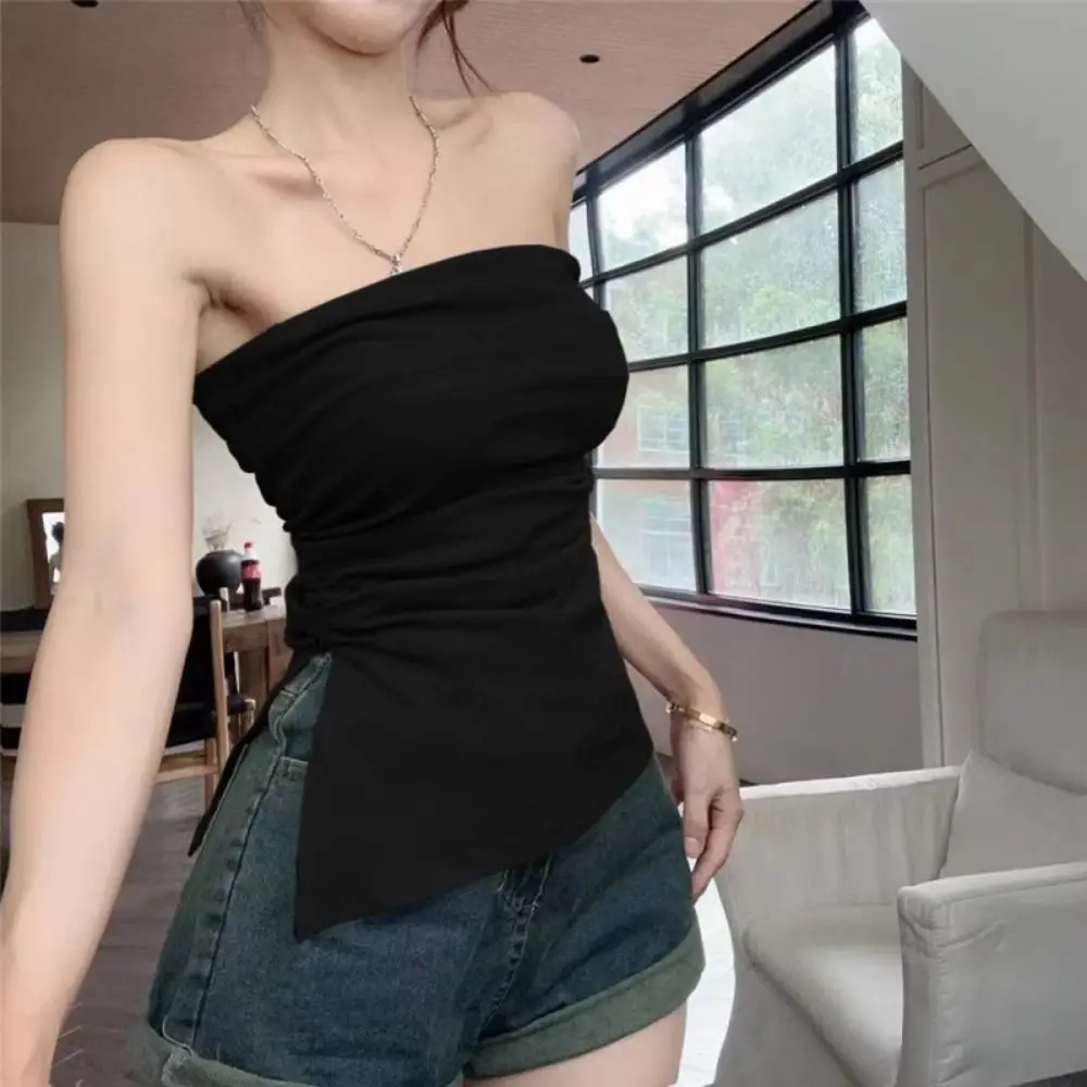 

Strapless Bandeau Tube Top Casual Side Slit Hem Asymmetrical Tank Tops Sexy Bandeau Top 2024