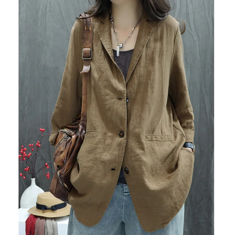 

Хлопково-льняной женский весенний новый свободный костюм с длинным рукавом, универсальный, повседневный, классический стиль, для офиса