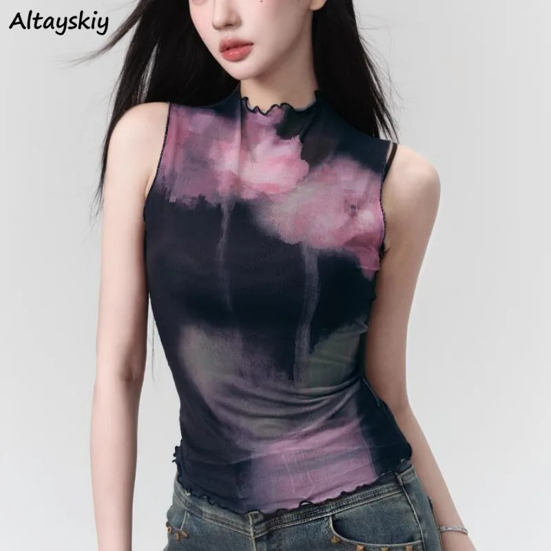 Thin Camisoles Tanks for Women All-match Fashion Retro Tie Dye Ins Skinny Sexy Streetwear Hot Girls Summer Tops Mesh Breathable