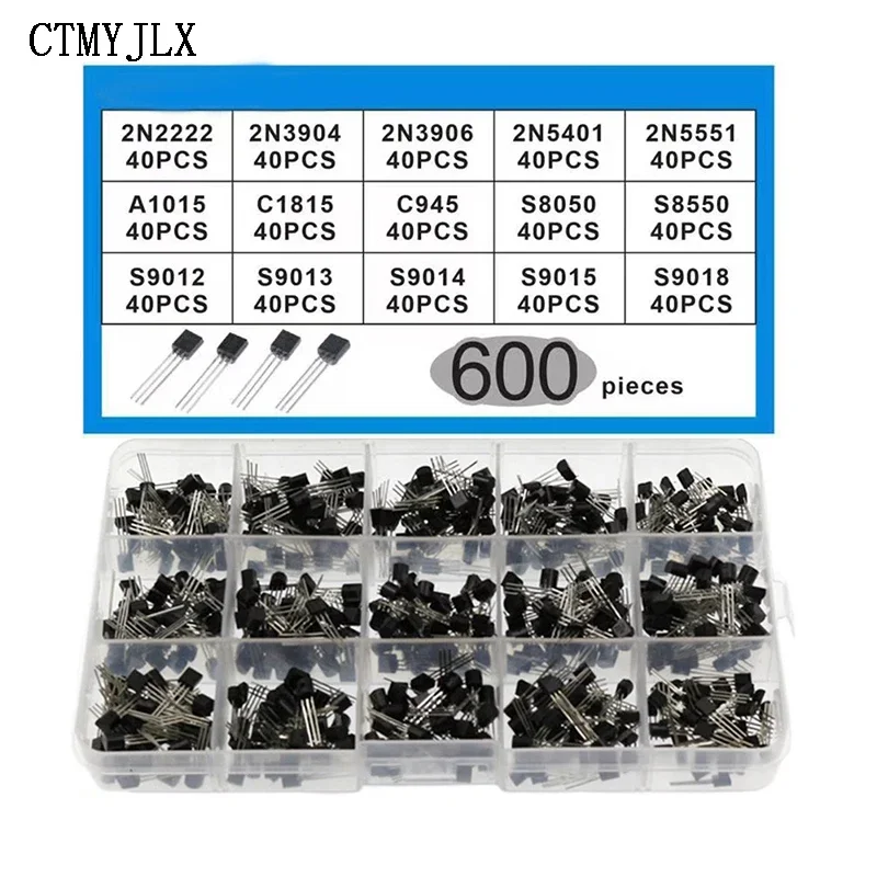 600pcs/Box 15 Kinds Transistor Kit Set TO-92 30-160V NPN / PNP A1015 C1815 S8050 2N2222 2N3904 2N5401 2N3906 2N5551 Transistors