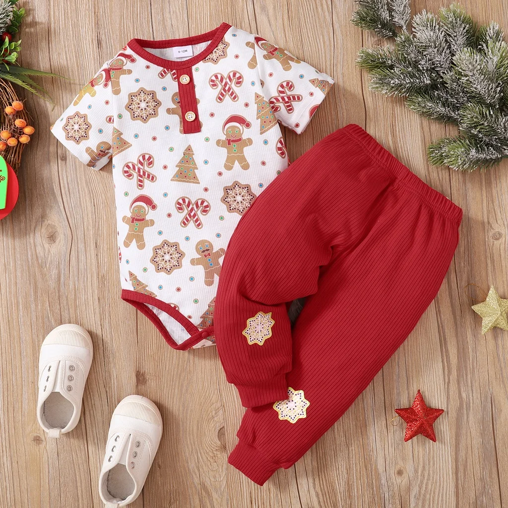 Christmas 2PCS Clothing Set Baby Boy&Girl Cute Gingerbread Short Sleeve Bodysuit+Red Pants Fashion Festival Outfits for Toddler