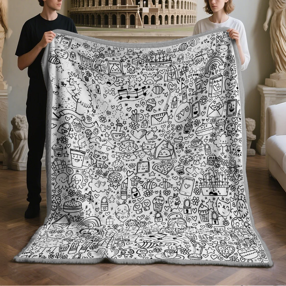 Cute Full Page Graffiti Line Draft Printed Blanket Can Be DIY Painted Blanket Creative Fun Sofa Nap Home Blanket, Excluding Mark