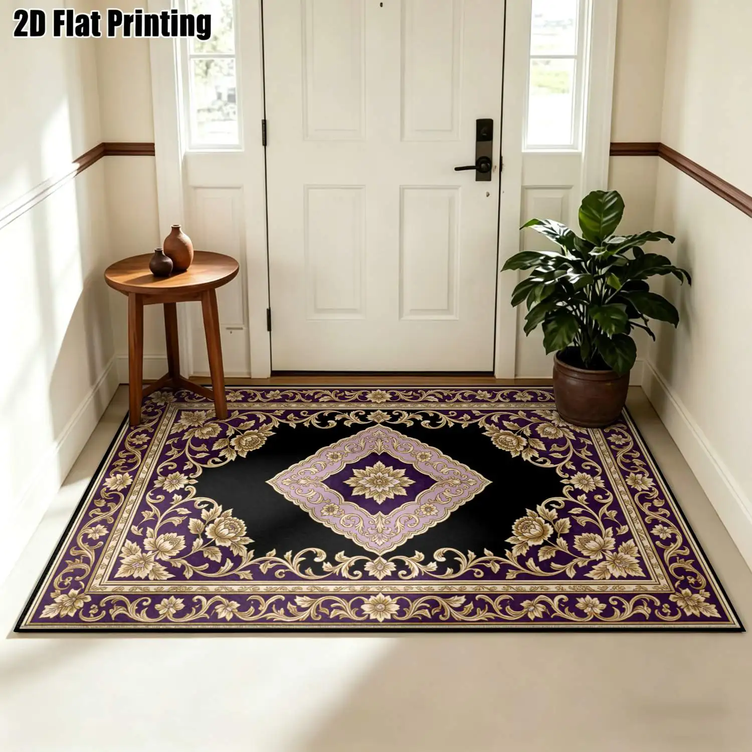 1Pc 2D Printed Retro European Floral Carpet, Black-Gold-Purple Tones Machine-Washable, Multi-Size, Ideal for Home Decor: Entryway/Dining Room/Foyer/Study/Living Room/Bedroom Spaces.