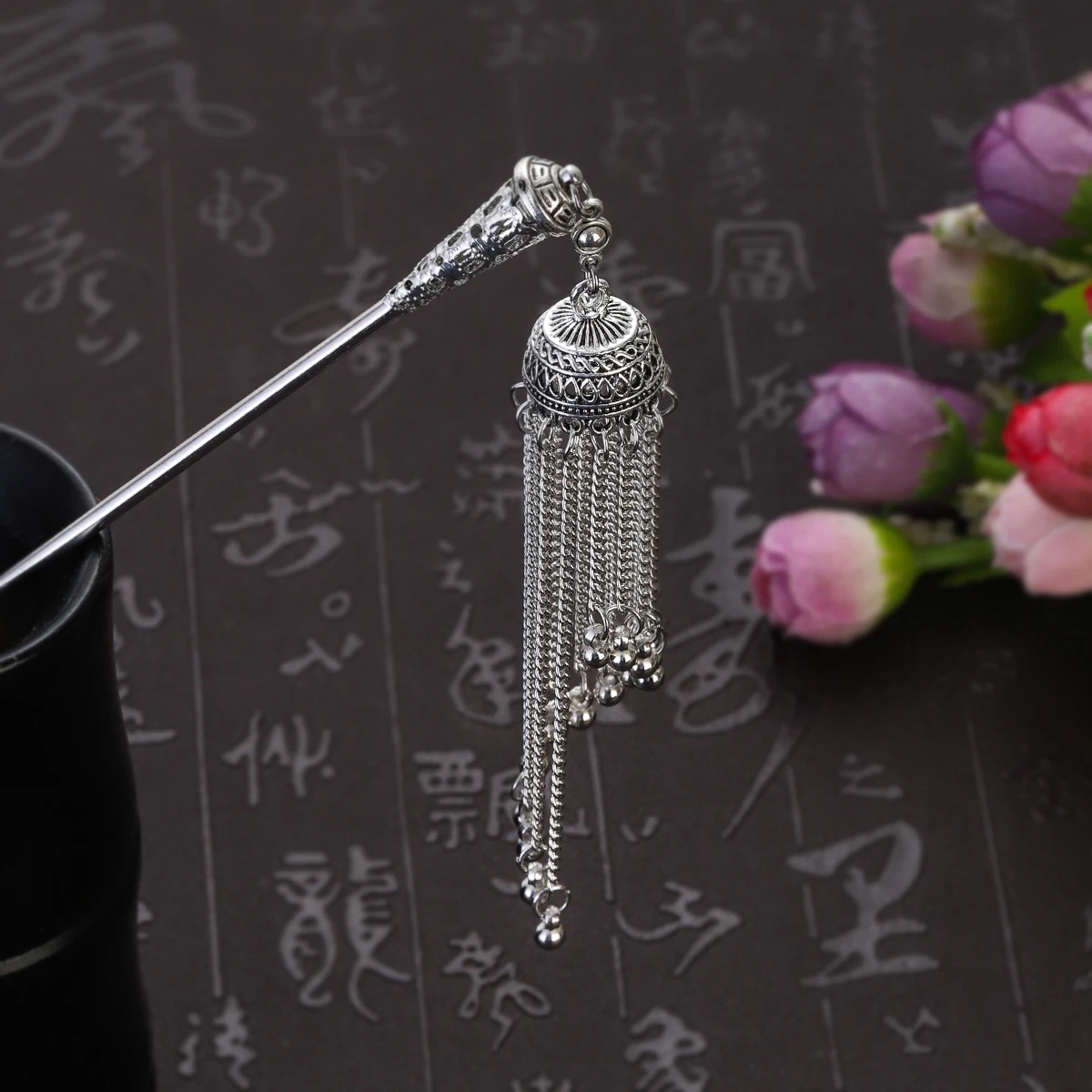 Bohemia Ethnic Vintage Gypsy Tibet Silver Color Tassel Carved Flower Chopstick Hair Sticks For Women Hairpins Jewelry Horquillas