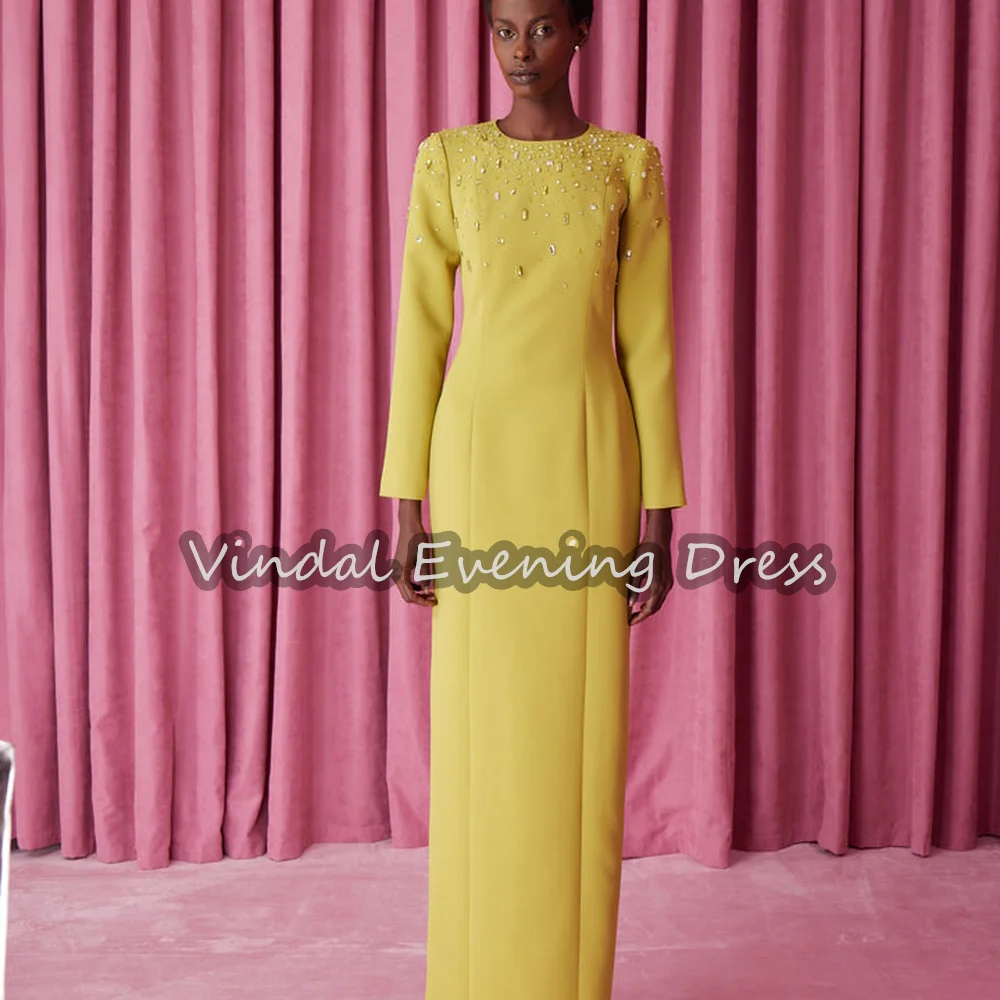 

Vindal Crepe Straight O-neck Saudi Evening Dresses For Women 2025 With Beading Slit Arab Long Sleeves Floor Length Party Dress