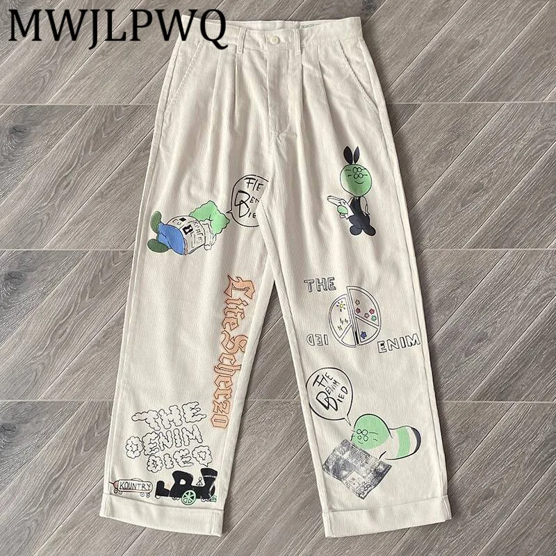 

MWJLPWQ повседневные потертые винтажные вельветовые брюки с принтом, мужские осенние прямые брюки в стиле хип-хоп, мода 2025, 12356