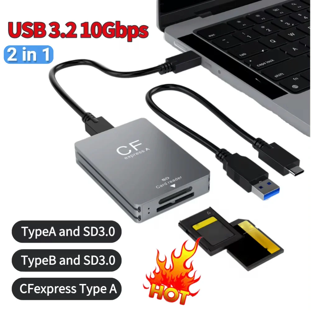 2 in 1 CFexpress Type B SD Card Reader Portable CF Express Reader USB 3.2 10Gbps Dual-Slot with USB C To USB C/A Cable for SLR