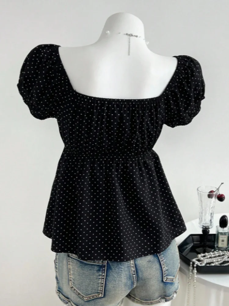 Polka Dot Babydoll Top Women Square Neck Puff Sleeve Lace Trim Peplum Blouse Summer Y2K Cottagecore Aesthetic Streetwear