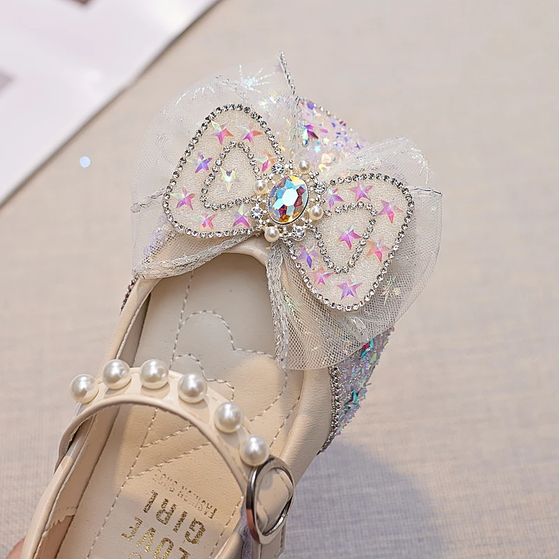 Princess Sequin Shoes for Girls Spring and Autumn Summer New Middle and Big Children's Single Shoes for Girls Bow Princess Shoes