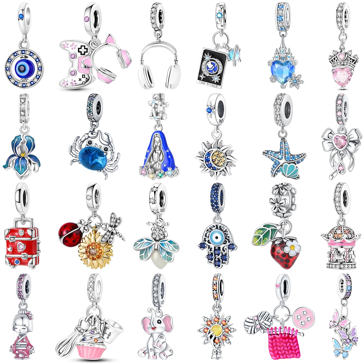S925 Silver Charms Headphone Tarot Castle Crown Iris Crab Virgin Mary Ladybug Bee Strawberry Elephant Beads Fit Bracelet Jewelry