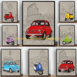 Pittura diamante in stile italiano 5D famoso sfondo edificio Fiat 500 rosso giallo Vespa trapano completo punto croce arte decorazioni per la casa